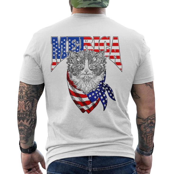 Womens Merica Cat Happy 4Th Of July American Flag Great Family V-Neck Men's Back Print T-shirt