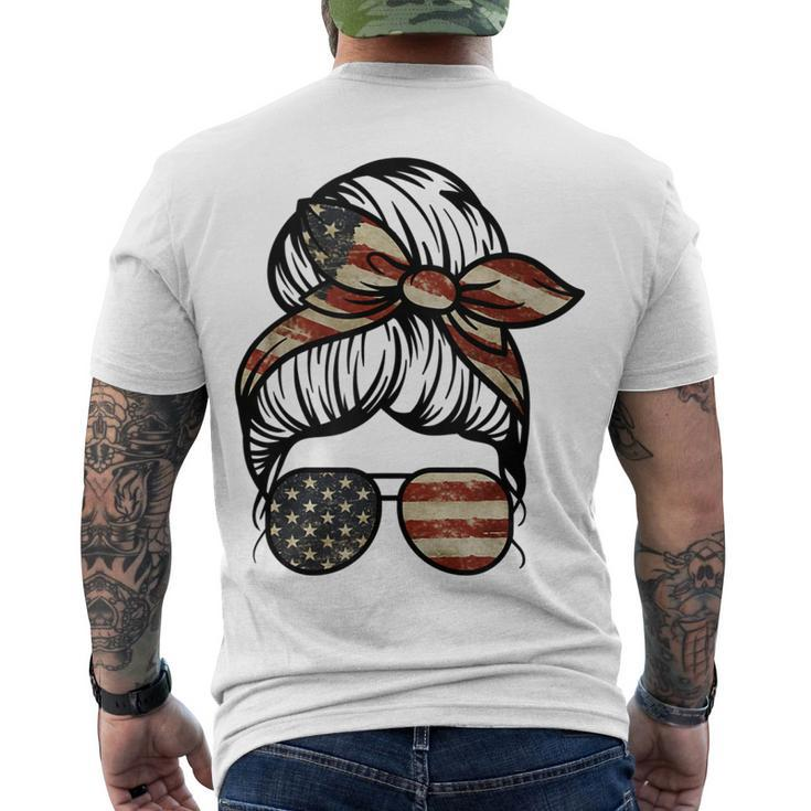 Messy Bun Usa Flag Glasses 4Th Of July Patriotic Women Girl Men's T-shirt Back Print