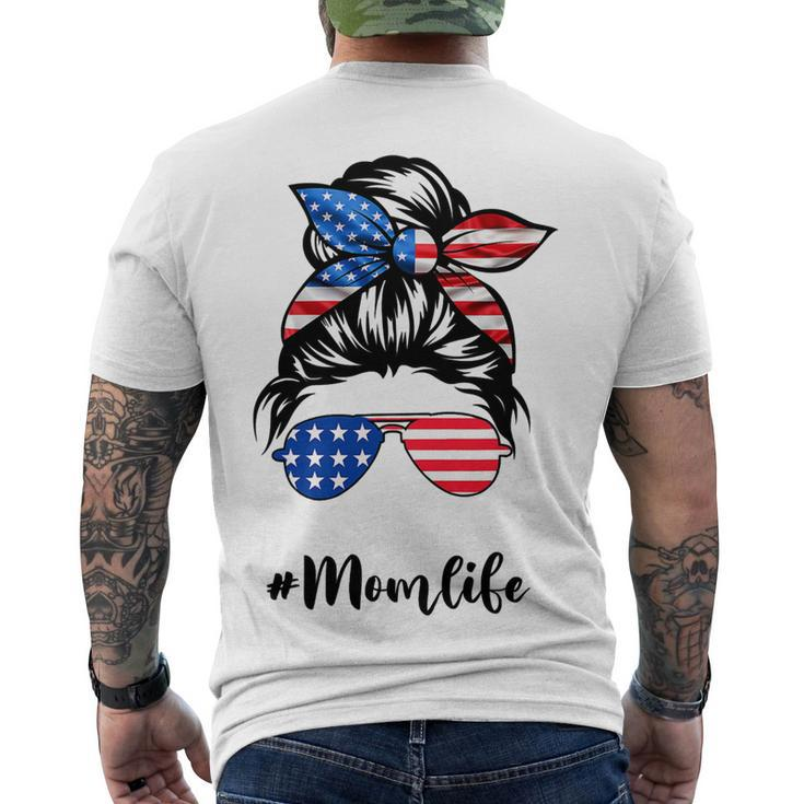 Mom Life Messy Bun America Flag Mors Day 4Th Of July T-Shirt Men's T-shirt Back Print