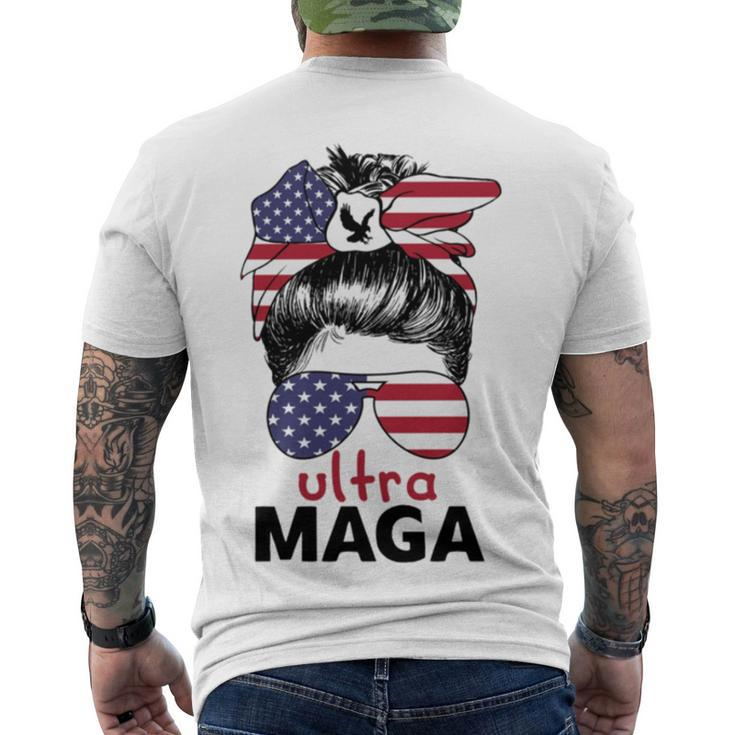 Ultra Maga American Flag Womens Messy Bun Wearing Glasses Men's Crewneck Short Sleeve Back Print T-shirt