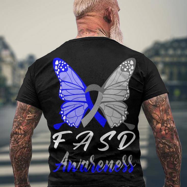 Fasd Awareness Butterfly Blue And Grey Ribbon Fetal Alcohol Spectrum Disorder Fetal Alcohol Spectrum Disorder Awareness Men's Crewneck Short Sleeve Back Print T-shirt Gifts for Old Men