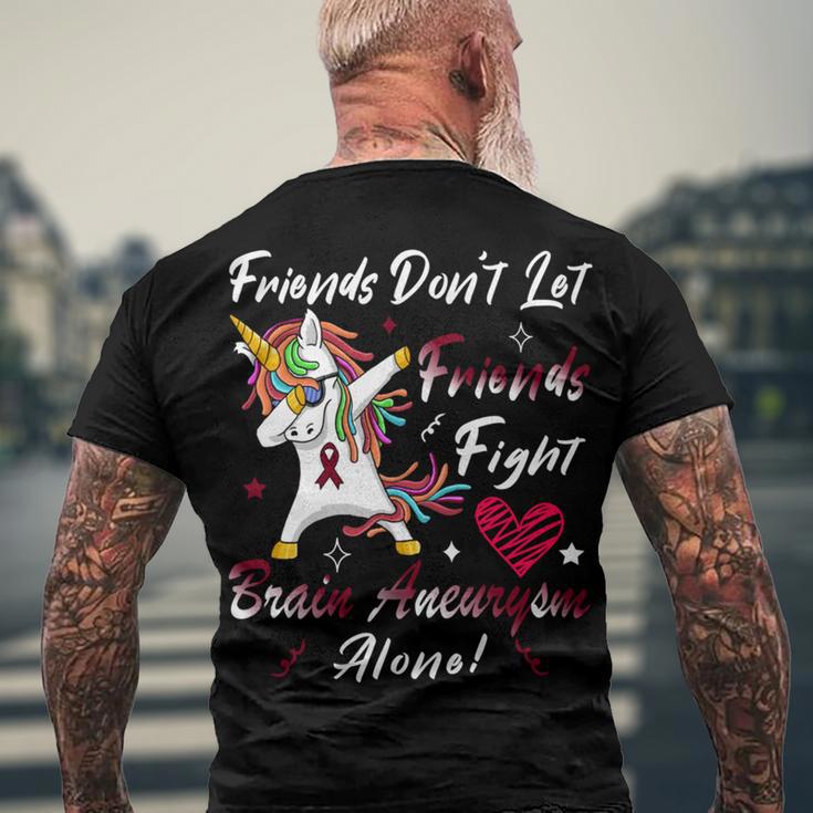 Friends Dont Let Friends Fight Brain Aneurysm Alone Unicorn Burgundy Ribbon Brain Aneurysm Bpd Brain Aneurysm V2 Men's Crewneck Short Sleeve Back Print T-shirt Gifts for Old Men