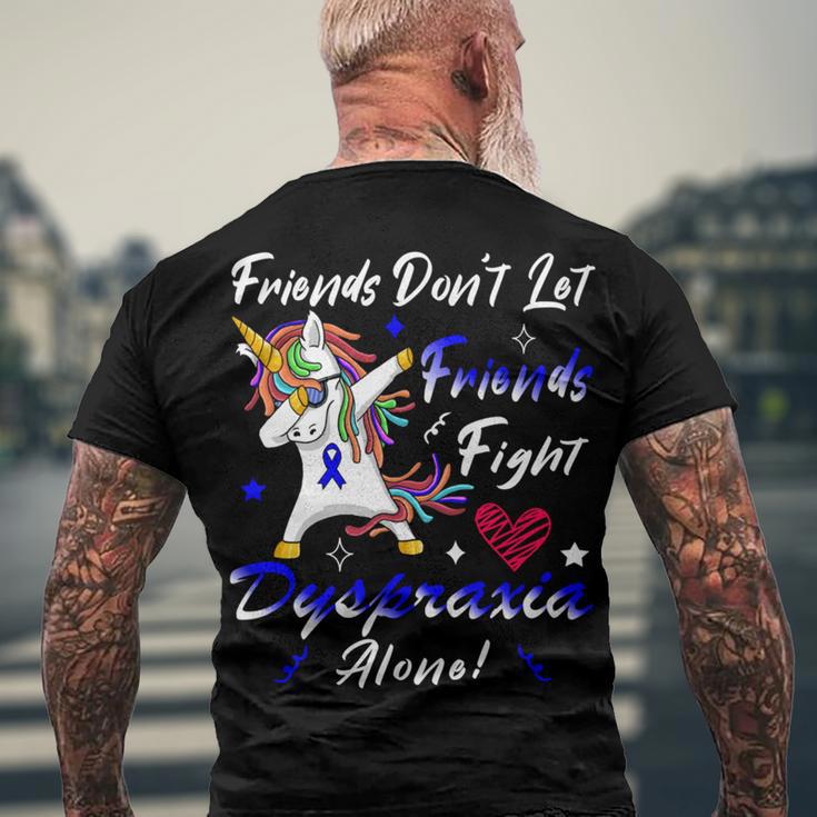 Friends Dont Let Friends Fight Dyspraxia Alone Blue Ribbon Unicorn Dyspraxia Dyspraxia Awareness Men's Crewneck Short Sleeve Back Print T-shirt Gifts for Old Men