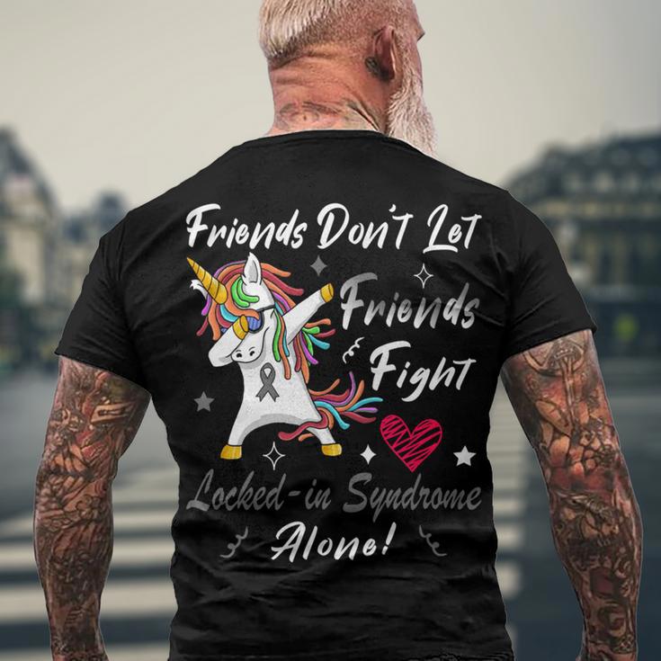 Friends Dont Let Friends Fight Lockedin Syndrome Alone Unicorn Silver Ribbon Lockedin Syndrome Lockedin Syndrome Awareness Men's Crewneck Short Sleeve Back Print T-shirt Gifts for Old Men