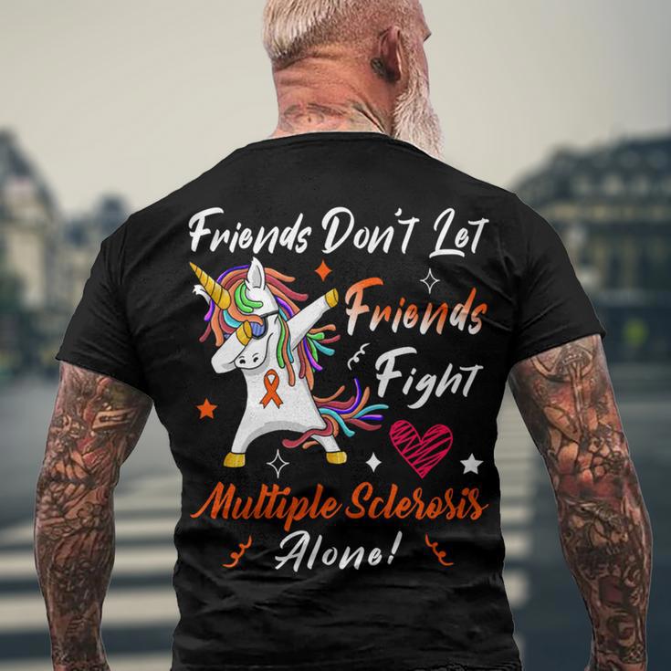 Friends Dont Let Friends Fight Multiple Sclerosis Alone Unicorn Orange Ribbon Multiple Sclerosis Multiple Sclerosis Awareness Men's Crewneck Short Sleeve Back Print T-shirt Gifts for Old Men