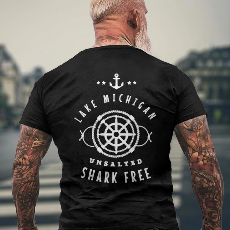 Lake Michigan Unsalted Shark Free Great Lakes Fishing Boat Men's Back Print T-shirt Gifts for Old Men