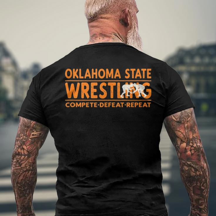 Oklahoma State Wrestling Compete Defeat Repeat Men's Back Print T-shirt Gifts for Old Men