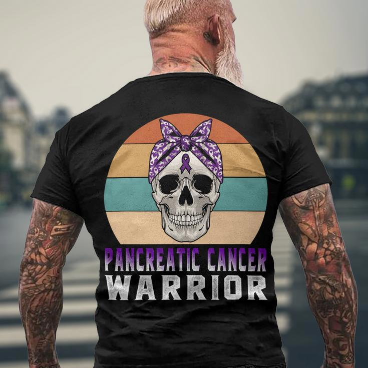 Pancreatic Cancer Warrior Skull Women Vintage Purple Ribbon Pancreatic Cancer Pancreatic Cancer Awareness Men's Crewneck Short Sleeve Back Print T-shirt Gifts for Old Men