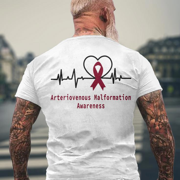 Arteriovenous Malformation Awareness Heartbeat Burgundy Ribbon Arteriovenous Malformation Support Arteriovenous Malformation Awareness Men's Crewneck Short Sleeve Back Print T-shirt Gifts for Old Men