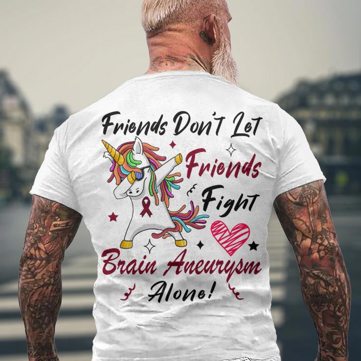 Friends Dont Let Friends Fight Brain Aneurysm Alone Unicorn Burgundy Ribbon Brain Aneurysm Bpd Brain Aneurysm Men's Crewneck Short Sleeve Back Print T-shirt Gifts for Old Men