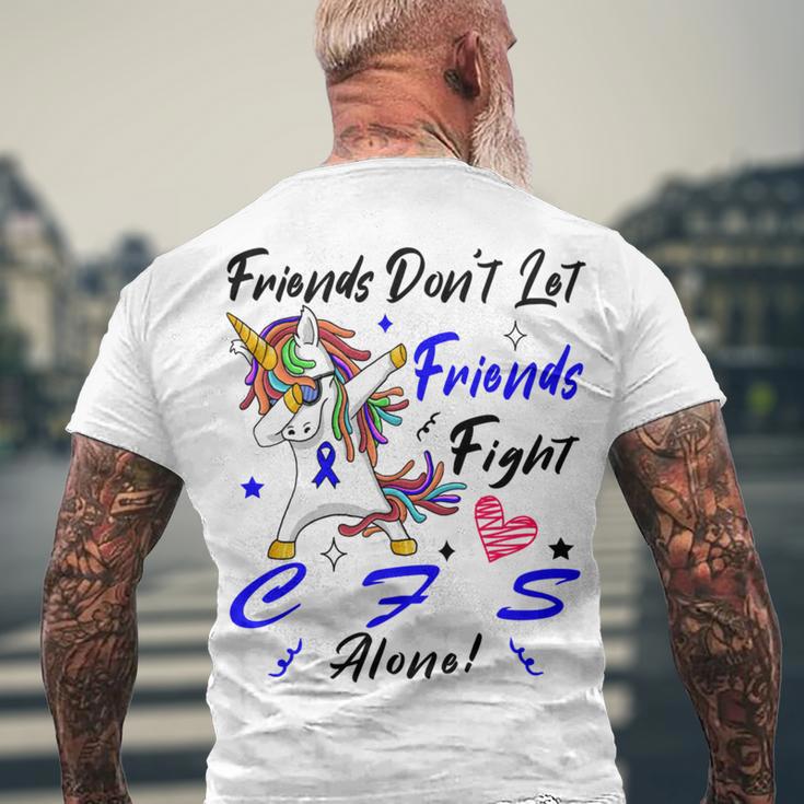 Friends Dont Let Friends Fight Chronic Fatigue Syndrome Cfs Alone Unicorn Blue Ribbon Chronic Fatigue Syndrome Support Cfs Awareness Men's Crewneck Short Sleeve Back Print T-shirt Gifts for Old Men