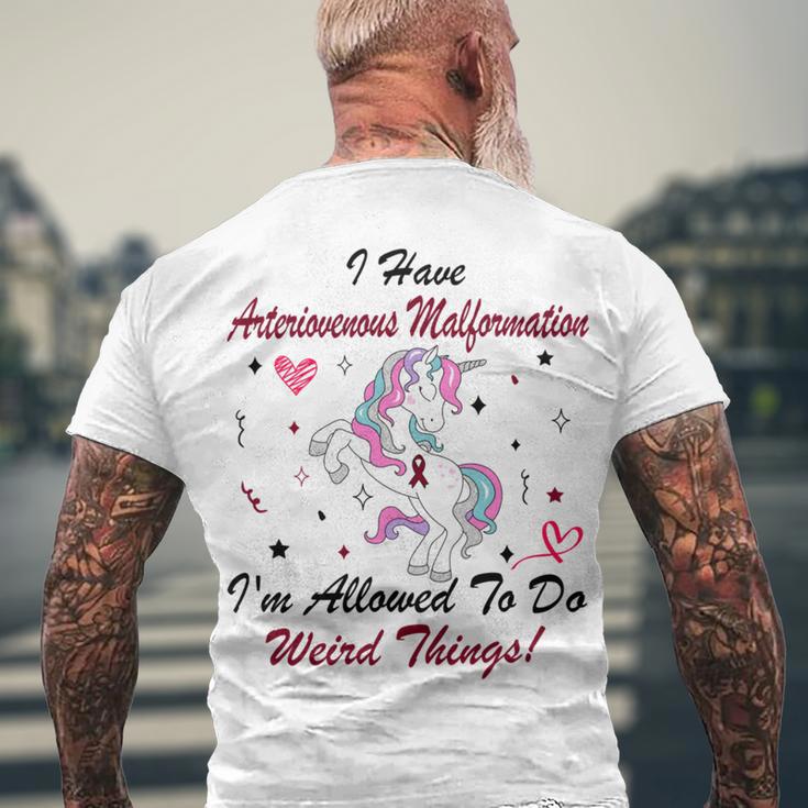 I Have Arteriovenous Malformation Im Allowed To Do Weird Things Funny Unicorn Burgundy Ribbon Arteriovenous Malformation Support Arteriovenous Malformation Awareness Men's Crewneck Short Sleeve Back Print T-shirt Gifts for Old Men