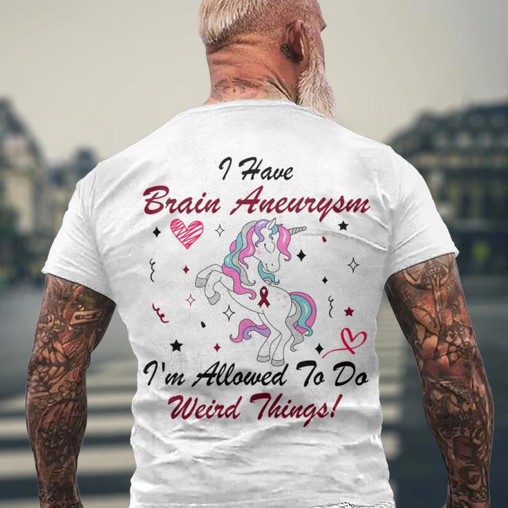 I Have Brain Aneurysm Im Allowed To Do Weird Things Unicorn Burgundy Ribbon Brain Aneurysm Bpd Brain Aneurysm Men's Crewneck Short Sleeve Back Print T-shirt Gifts for Old Men