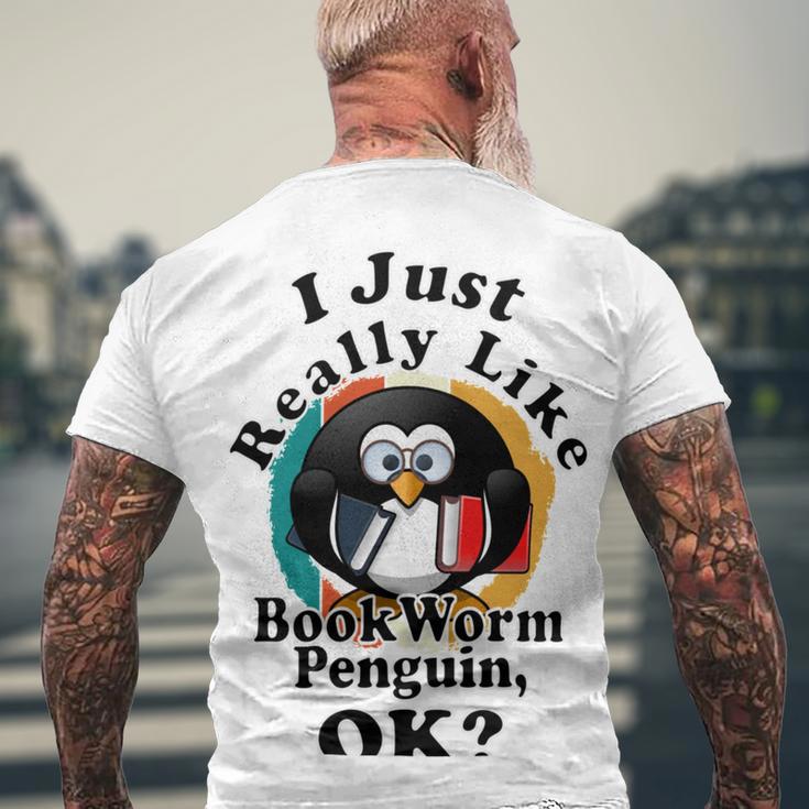 I Really Like Book Worm Penguin Ok Men's Crewneck Short Sleeve Back Print T-shirt Gifts for Old Men