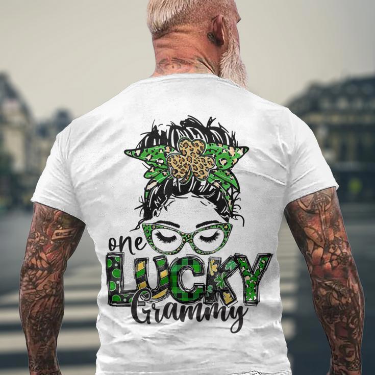 One Lucky Grammy St Patricks Day Messy Bun Leopard Men's Crewneck Short Sleeve Back Print T-shirt Gifts for Old Men