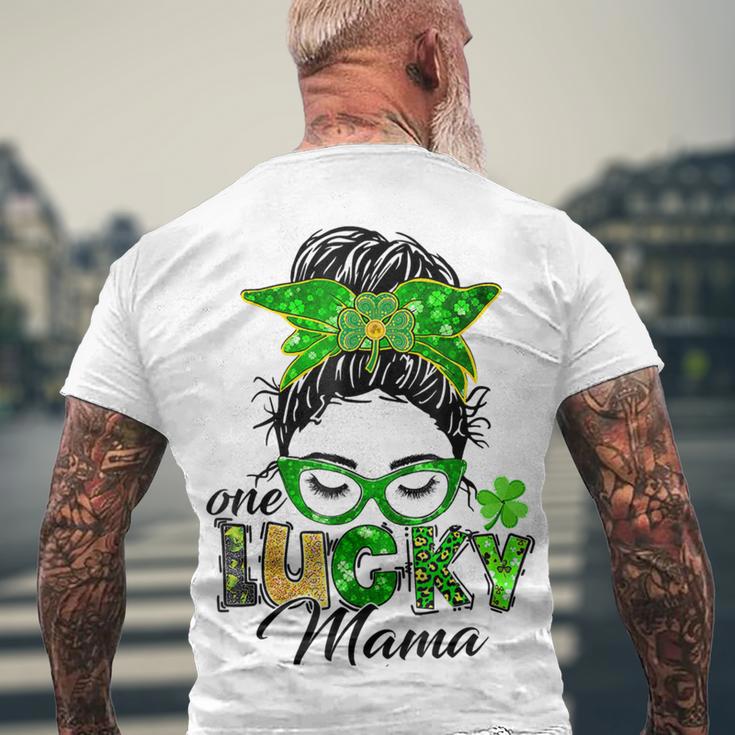 One Lucky Mama St Patricks Day Irish Shamrock Messy Bun Mom Men's Crewneck Short Sleeve Back Print T-shirt Gifts for Old Men