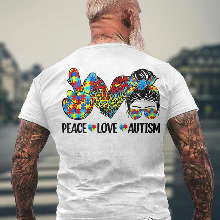 Peace Love Autism Mom Life Messy Bun Blue Autism Awareness Men's Crewneck Short Sleeve Back Print T-shirt Gifts for Old Men