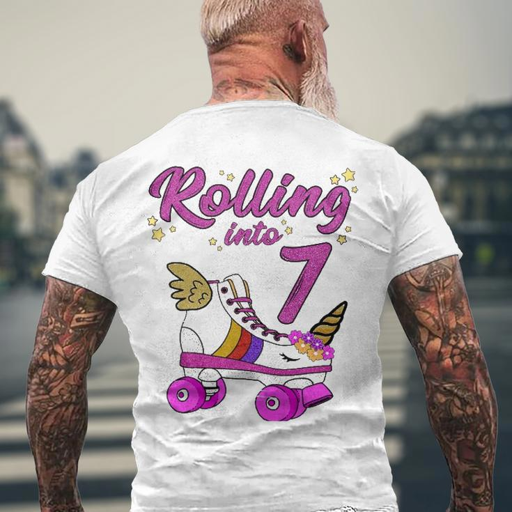 Rolling Into 7Th Birthday Unicorn Roller Skate Party Men's Back Print T-shirt Gifts for Old Men
