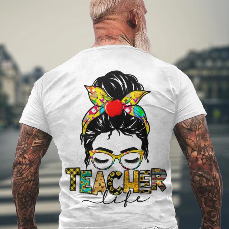 Teacher Life Messy Bun Hair Women Teachers Day Men's Crewneck Short Sleeve Back Print T-shirt Gifts for Old Men