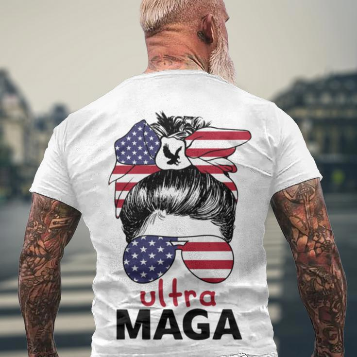 Ultra Maga American Flag Womens Messy Bun Wearing Glasses Men's Crewneck Short Sleeve Back Print T-shirt Gifts for Old Men