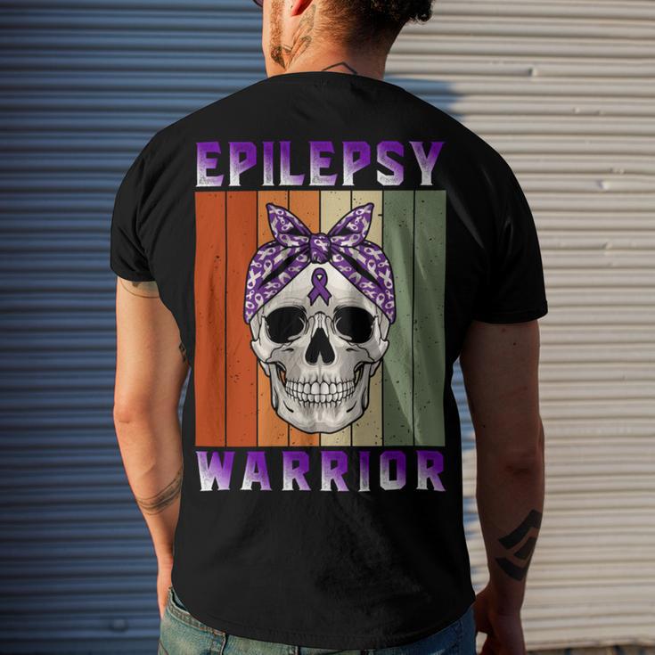 Epilepsy Warrior Skull Women Vintage Purple Ribbon Epilepsy Epilepsy Awareness Men's Crewneck Short Sleeve Back Print T-shirt Gifts for Him