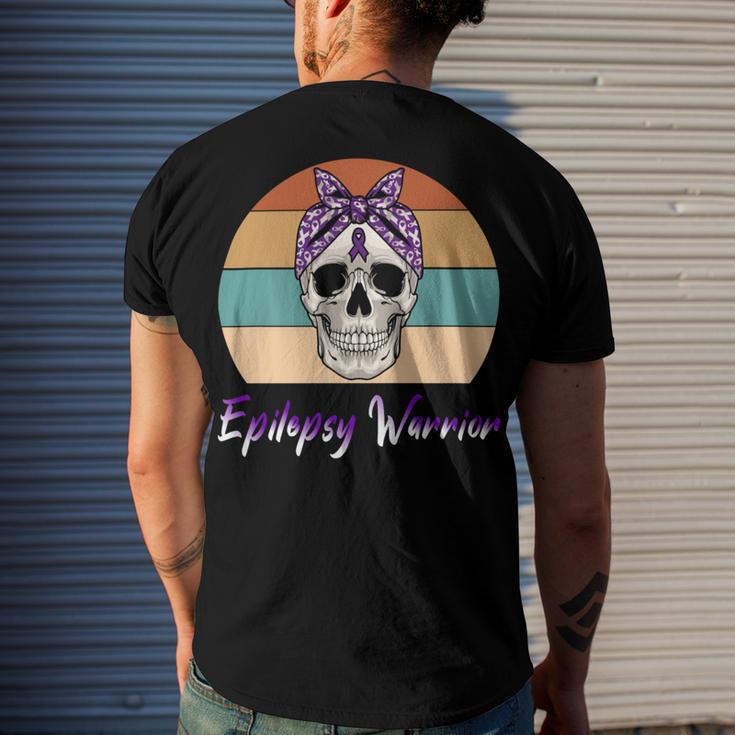 Epilepsy Warrior Skull Women Vintage Purple Ribbon Epilepsy Epilepsy Awareness V2 Men's Crewneck Short Sleeve Back Print T-shirt Gifts for Him