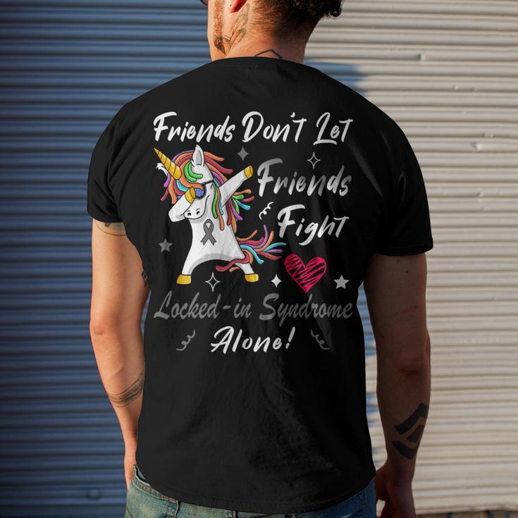 Friends Dont Let Friends Fight Lockedin Syndrome Alone Unicorn Silver Ribbon Lockedin Syndrome Lockedin Syndrome Awareness Men's Crewneck Short Sleeve Back Print T-shirt Gifts for Him