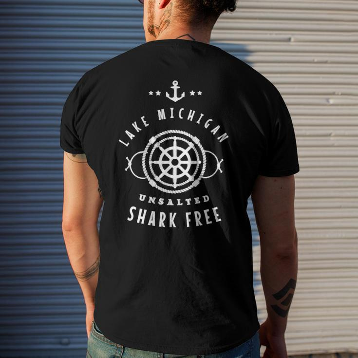 Lake Michigan Unsalted Shark Free Great Lakes Fishing Boat Men's Back Print T-shirt Gifts for Him