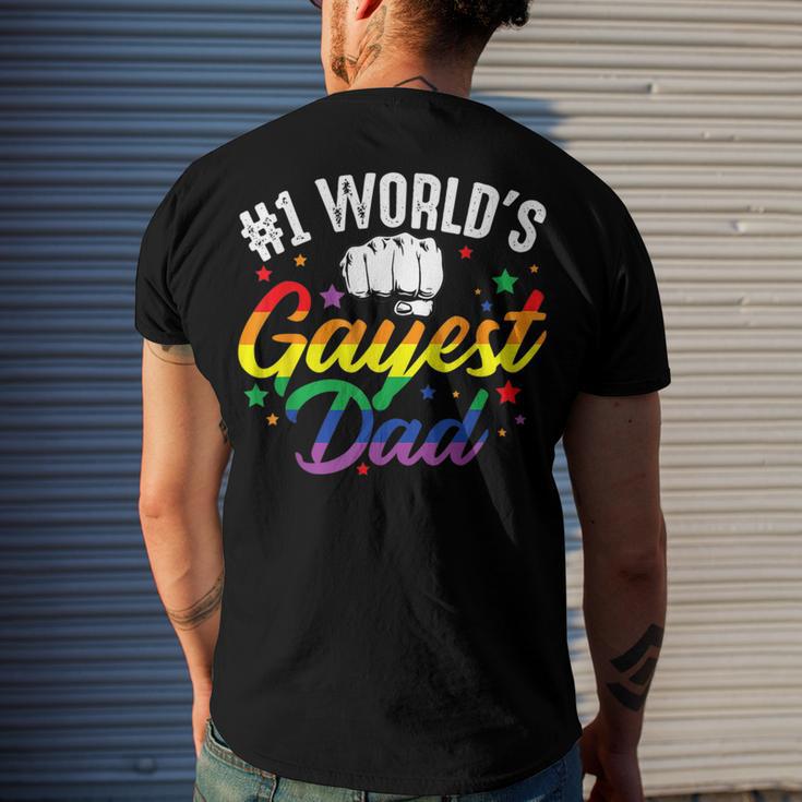 Mens 1 Worlds Gayest Dad Funny Fathers Day Lgbt Pride Rainbow 14 Shirt Men's Crewneck Short Sleeve Back Print T-shirt Gifts for Him