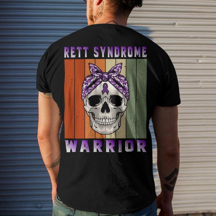 Rett Syndrome Warrior Skull Women Vintage Purple Ribbon Rett Syndrome Rett Syndrome Awareness Men's Crewneck Short Sleeve Back Print T-shirt Gifts for Him