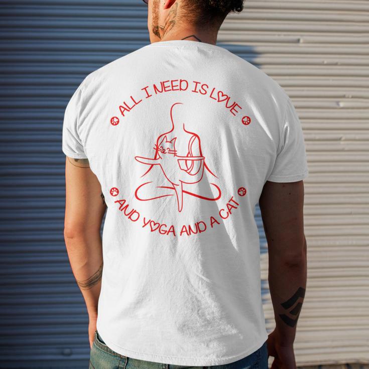 All I Need Is Love And Yoga And A Cat Lovers Gift For Yoga Lovers Red Men's Crewneck Short Sleeve Back Print T-shirt Gifts for Him