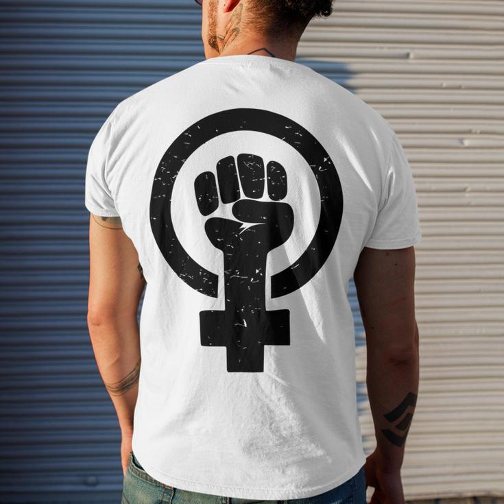 Feminist Raised Fist - Distressed Fitted Men's Crewneck Short Sleeve Back Print T-shirt Gifts for Him