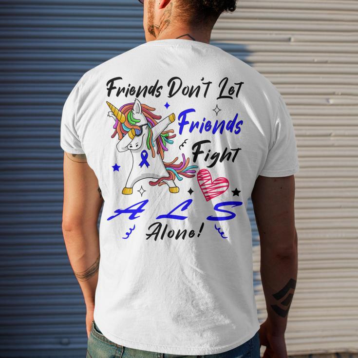 Friends Dont Let Friends Fight Als Alone Unicorn Blue Ribbon Amyotrophic Lateral Sclerosis Support Als Awareness Men's Crewneck Short Sleeve Back Print T-shirt Gifts for Him