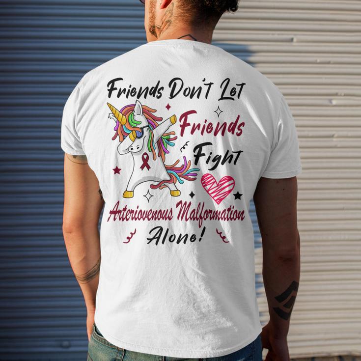 Friends Dont Let Friends Fight Arteriovenous Malformation Alone Unicorn Burgundy Ribbon Arteriovenous Malformation Support Arteriovenous Malformation Awareness Men's Crewneck Short Sleeve Back Print T-shirt Gifts for Him