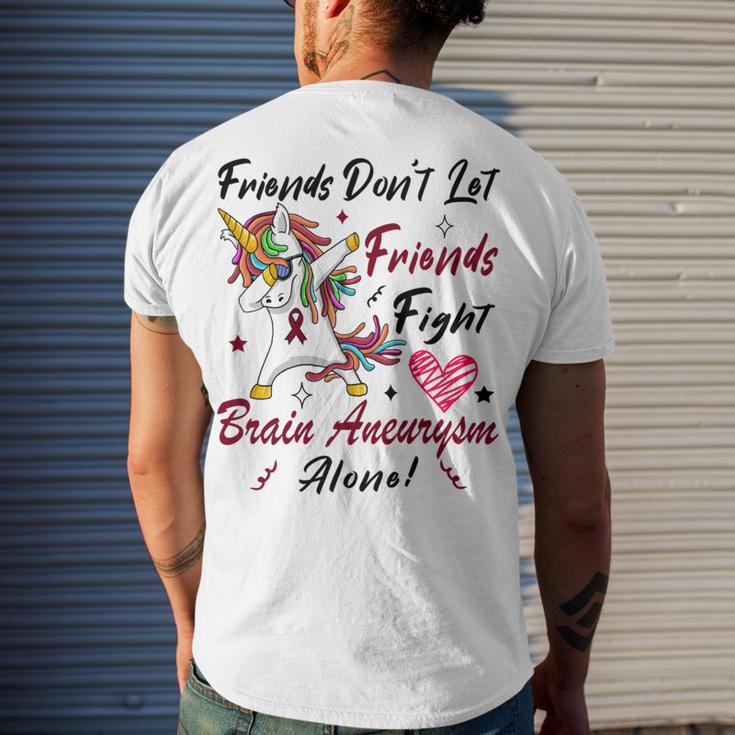 Friends Dont Let Friends Fight Brain Aneurysm Alone Unicorn Burgundy Ribbon Brain Aneurysm Bpd Brain Aneurysm Men's Crewneck Short Sleeve Back Print T-shirt Gifts for Him