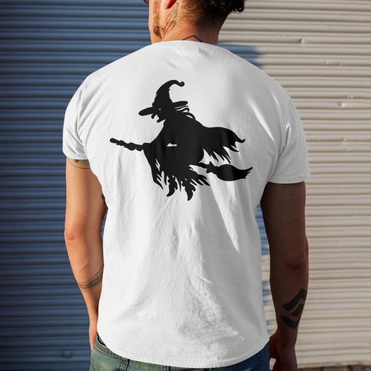 Halloween Scary Old Witch On Broom Art Design Pattern Men's Crewneck Short Sleeve Back Print T-shirt Gifts for Him