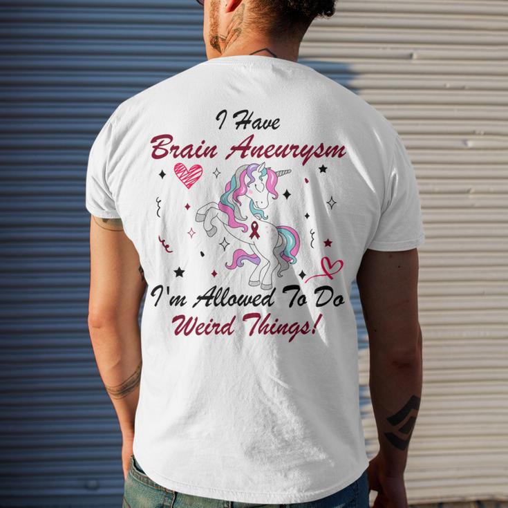 I Have Brain Aneurysm Im Allowed To Do Weird Things Unicorn Burgundy Ribbon Brain Aneurysm Bpd Brain Aneurysm Men's Crewneck Short Sleeve Back Print T-shirt Gifts for Him