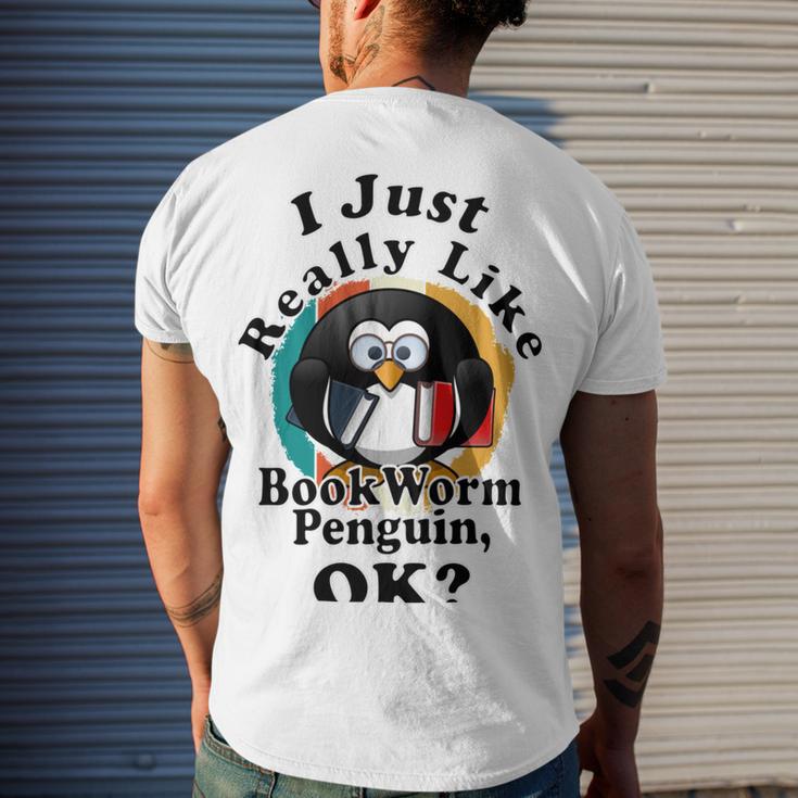 I Really Like Book Worm Penguin Ok Men's Crewneck Short Sleeve Back Print T-shirt Gifts for Him