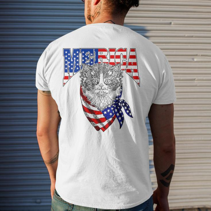 Womens Merica Cat Happy 4Th Of July American Flag Great Family V-Neck Men's Back Print T-shirt Gifts for Him