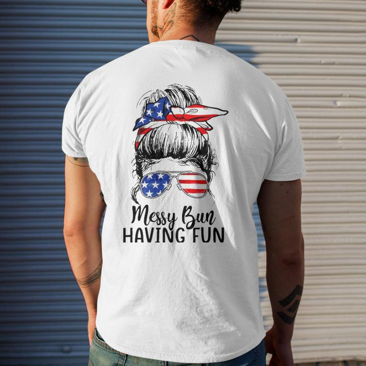 Messy Bun Having Fun American Flag Merica 4Th Of July Men's Back Print T-shirt Gifts for Him
