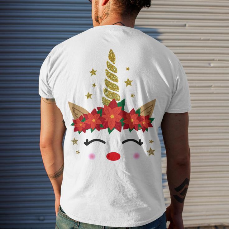 New Christmas Unicorn Face Santicorn Poinsettia Crown Cute Men's Crewneck Short Sleeve Back Print T-shirt Gifts for Him