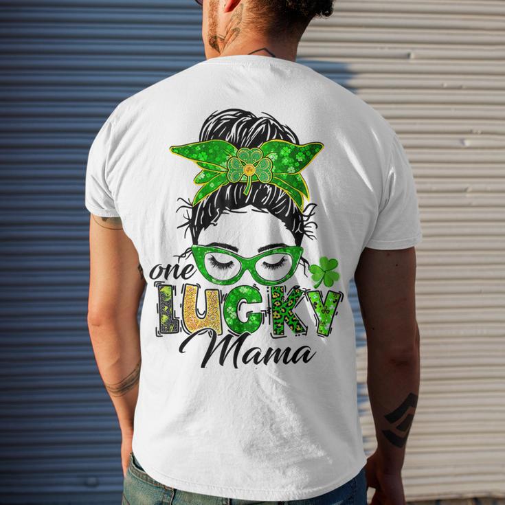 One Lucky Mama St Patricks Day Irish Shamrock Messy Bun Mom Men's Crewneck Short Sleeve Back Print T-shirt Gifts for Him