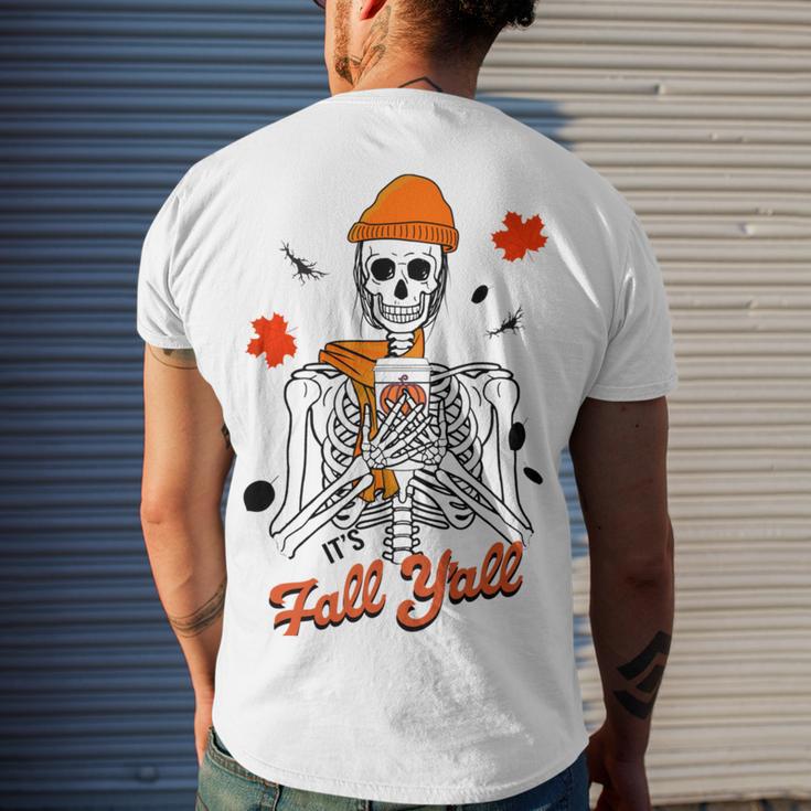 Skeleton It’S Fall Y’All Thanksgiving Funny Autumn Halloween Men's Crewneck Short Sleeve Back Print T-shirt Gifts for Him