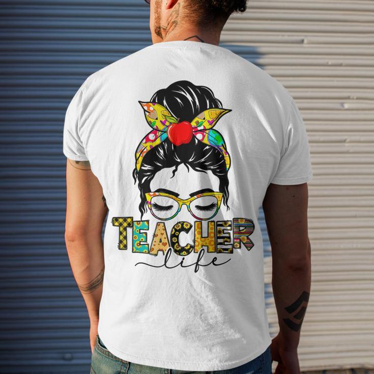 Teacher Life Messy Bun Hair Women Teachers Day Men's Crewneck Short Sleeve Back Print T-shirt Gifts for Him