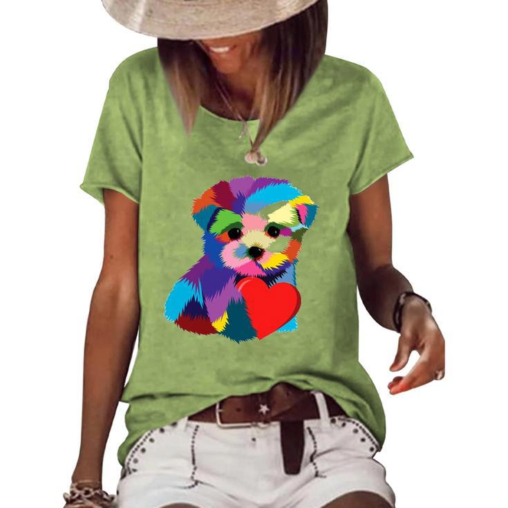 Cute Dog Rescue Gift For Women Men Teens Rainbow Puppy Heart Women's Short Sleeve Loose T-shirt