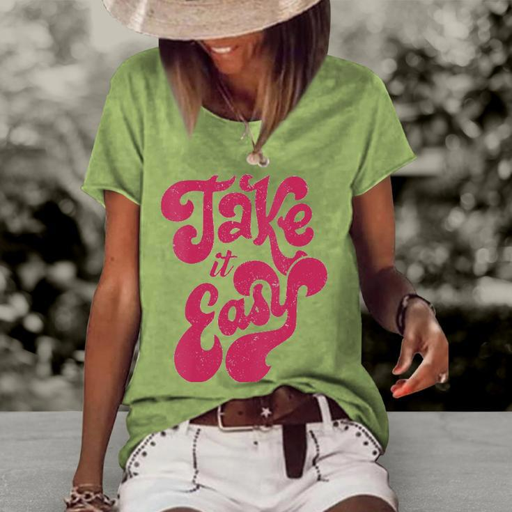Womens Retro Distressed 70S Take It Easy Women's Short Sleeve Loose T-shirt