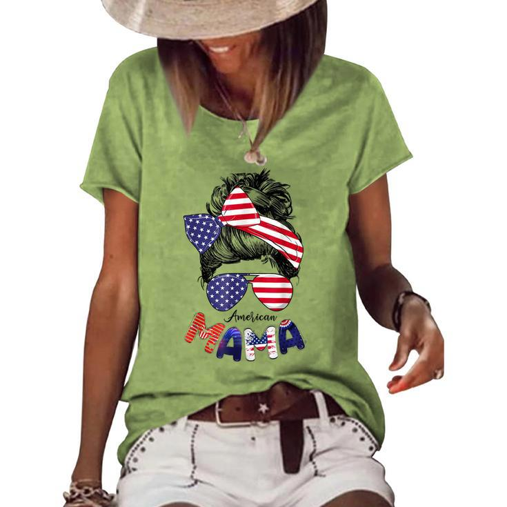 4Th Of July American Mama Messy Bun Mom Life Patriotic Mom Women's Loose T-shirt