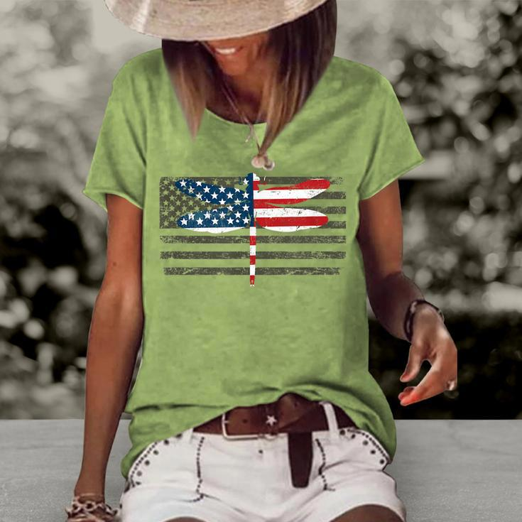 4Th Of July Dragonfly Patriotic Us American Flag Women's Loose T-shirt