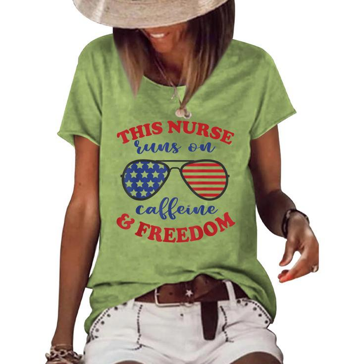 4Th Of July Nurse American Flag Sunglasses Caffeine Freedom Women's Loose T-shirt