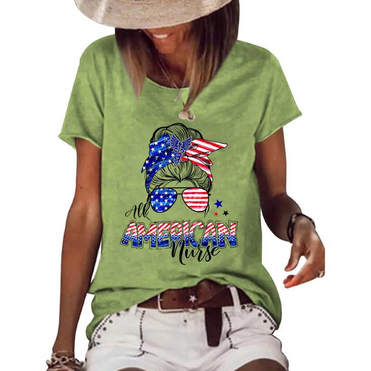American Flag Patriotic Nurse Messy Bun 4Th Of July Women's Loose T-shirt